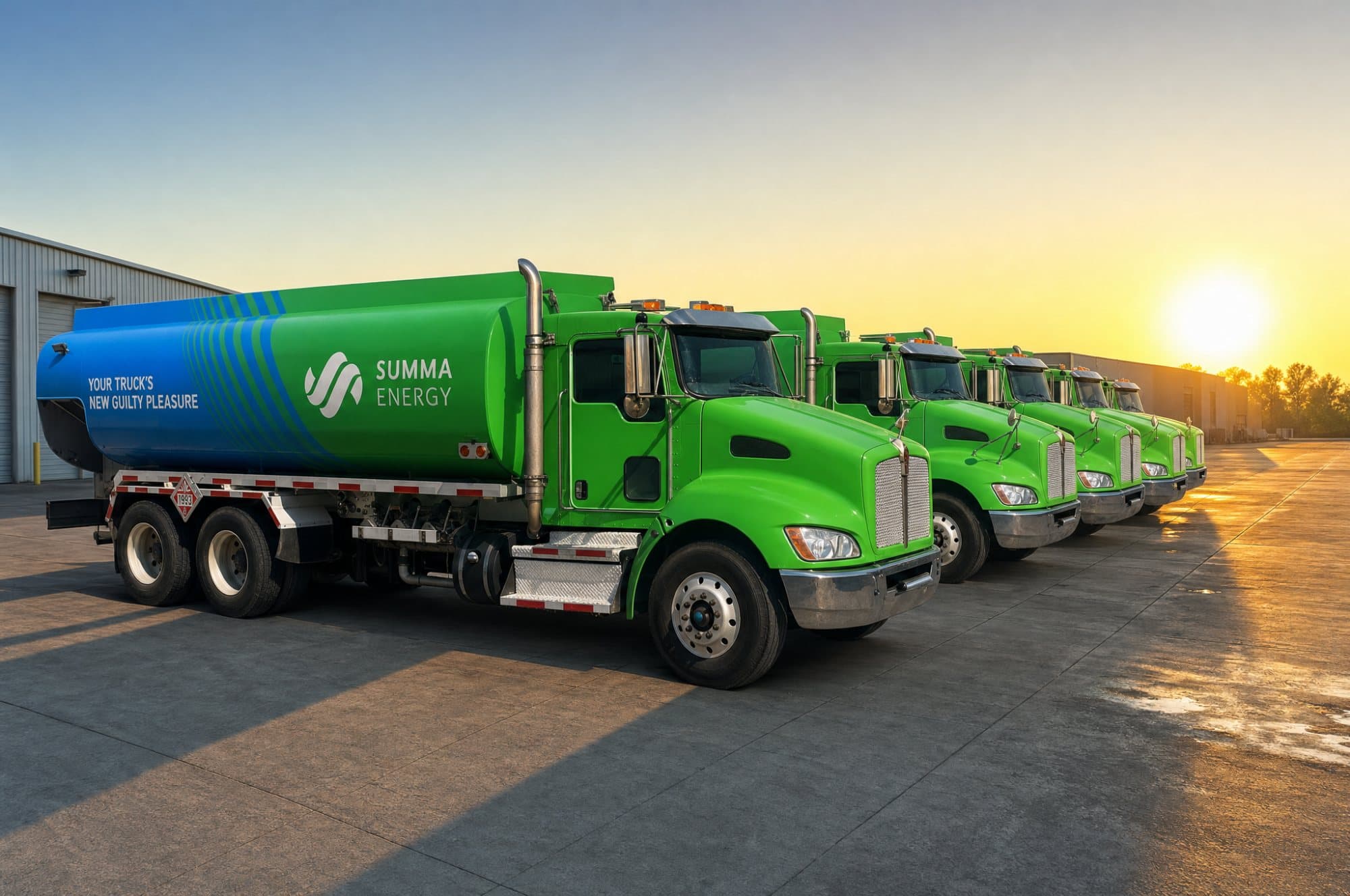 Five Summa tankers parked in a line at sunrise, the row receding toward the rising sun.