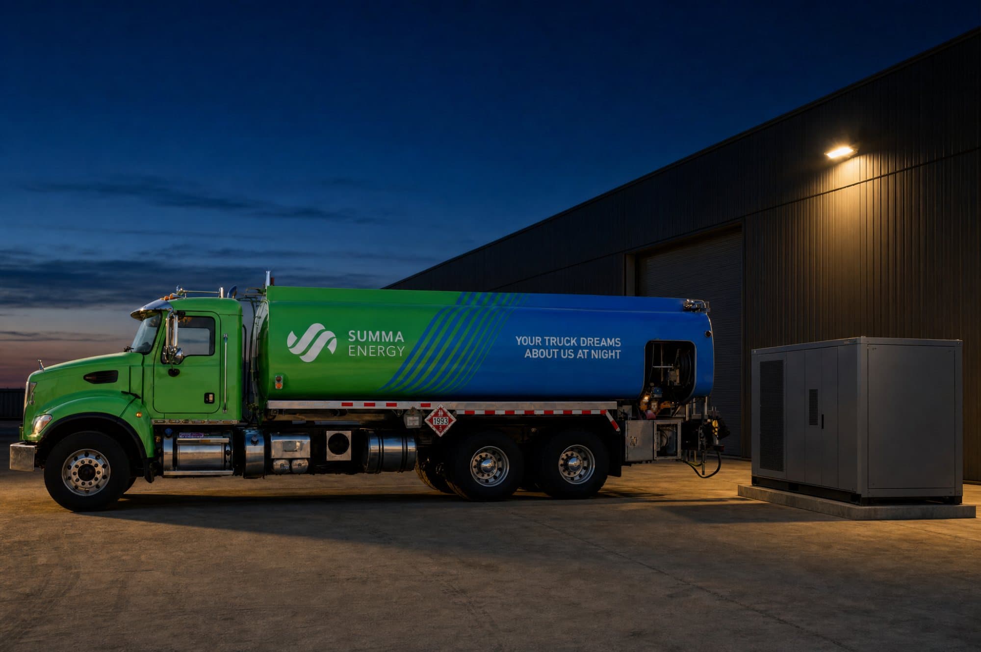 A Summa tanker parked at dusk beside an industrial standby generator outside a commercial building, lit by a single work lamp.