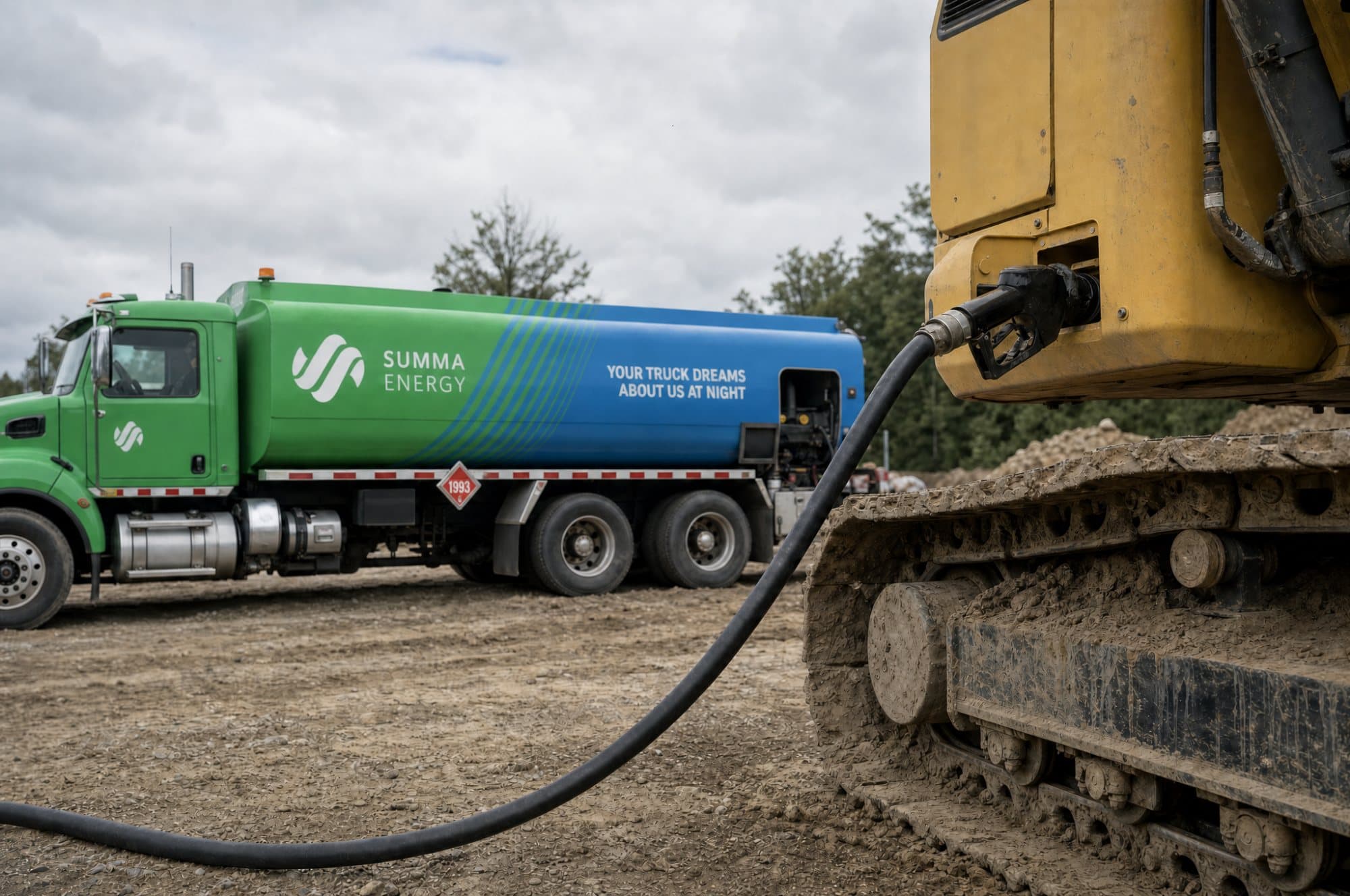 A delivery hose running from a Summa tanker across a construction site to the fuel fill of a tracked excavator.