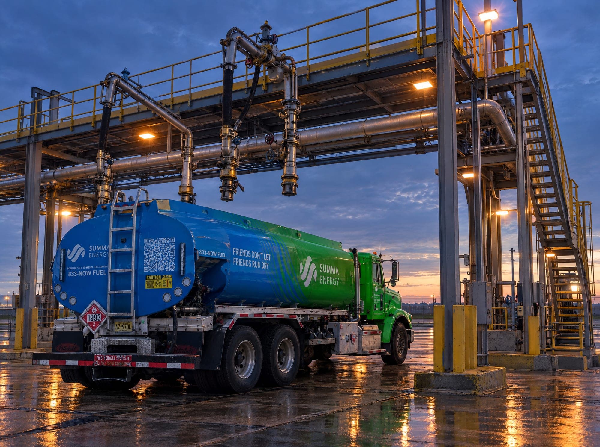 A green-cabbed Summa Energy tanker standing under a terminal loading gantry at dusk, overhead loading arms lowered to the top of the tank, the wet concrete apron reflecting the gantry lights.